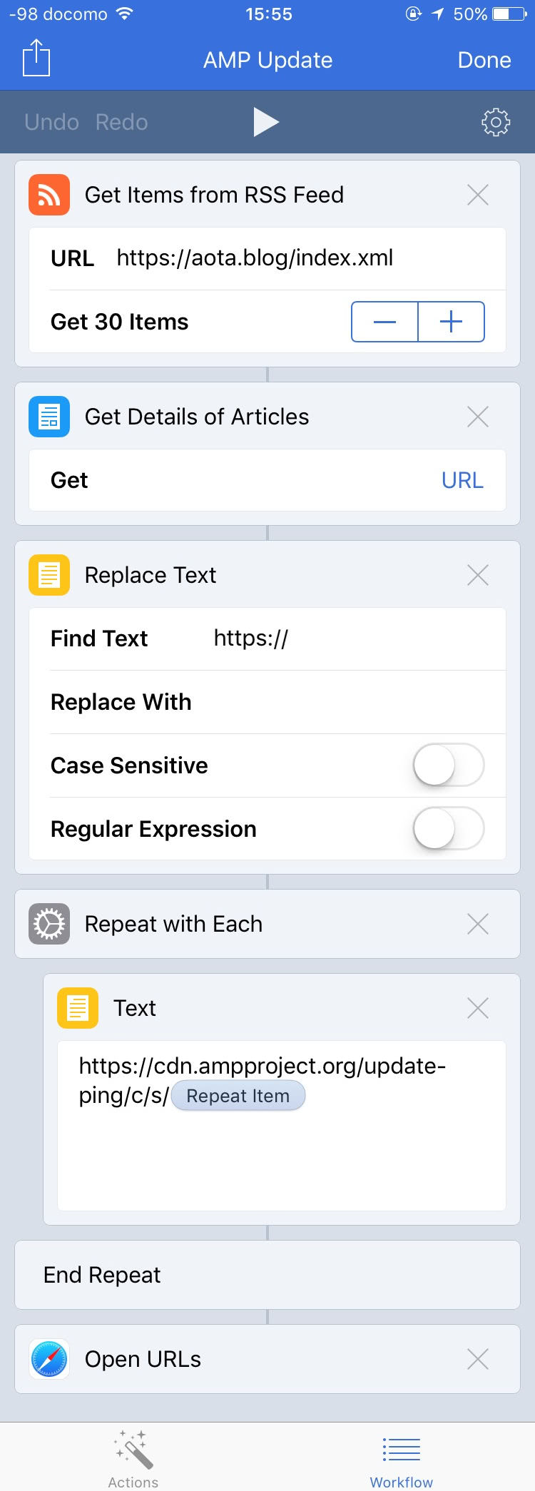 iPhoneの自動化アプリ『Workflow』が無償化されたので遊んでみた images/workflow_on_amp_task.jpg